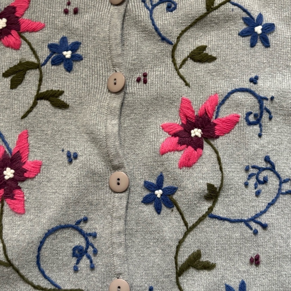 Vintage Norm Thompson Embroidered Cardigan Womens Size Large Floral Gray Buttons - Picture 3 of 6